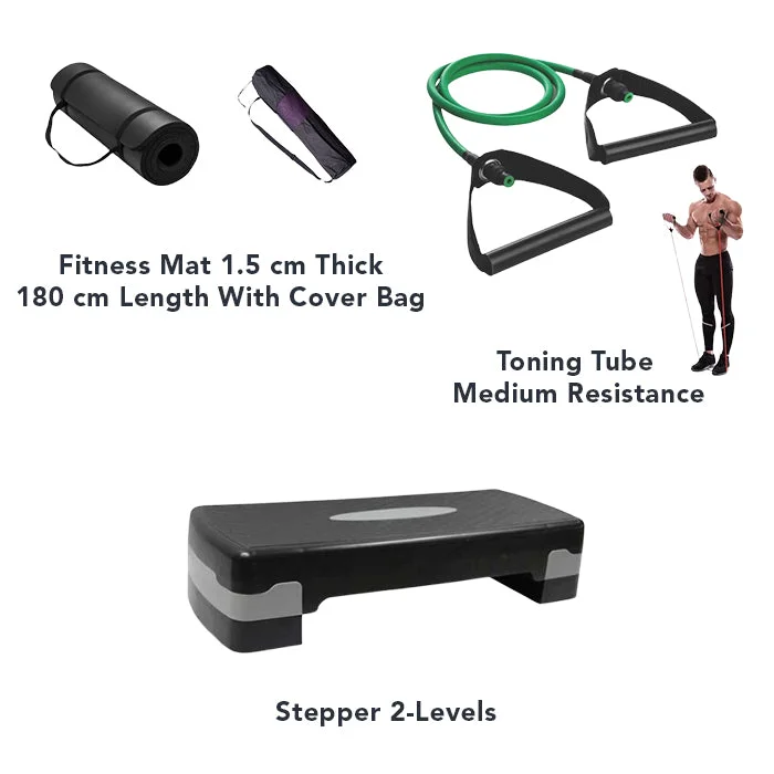 Stock Clearance Boost Essentials Pack ( Fitness Mat 1.5 cm with Cover Bag - Stepper and Toning Tube Resistance Band)