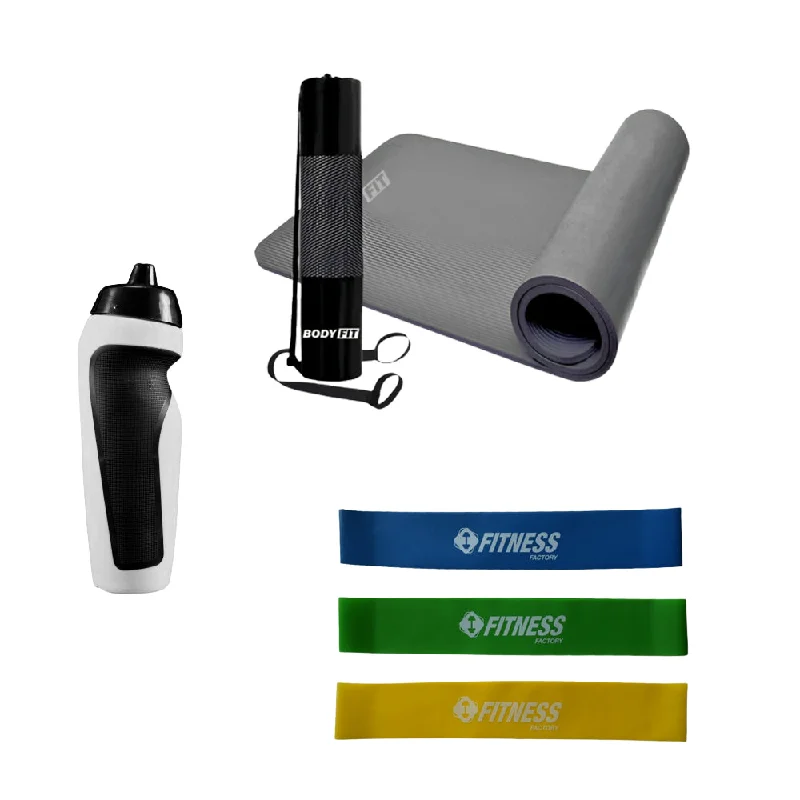 Exclusive Online Offer Starter Gym Kit - Fitness Mat 1.5 cm With Carry Bag + Squeeze Water Bottle 500 ml+ Set Resistance Band Exclusive Online Offer Starter Gym Kit - Fitness Mat 1.5 cm With Carry Bag + Squeeze Water Bottle 500 ml+ Set Resistance Band
