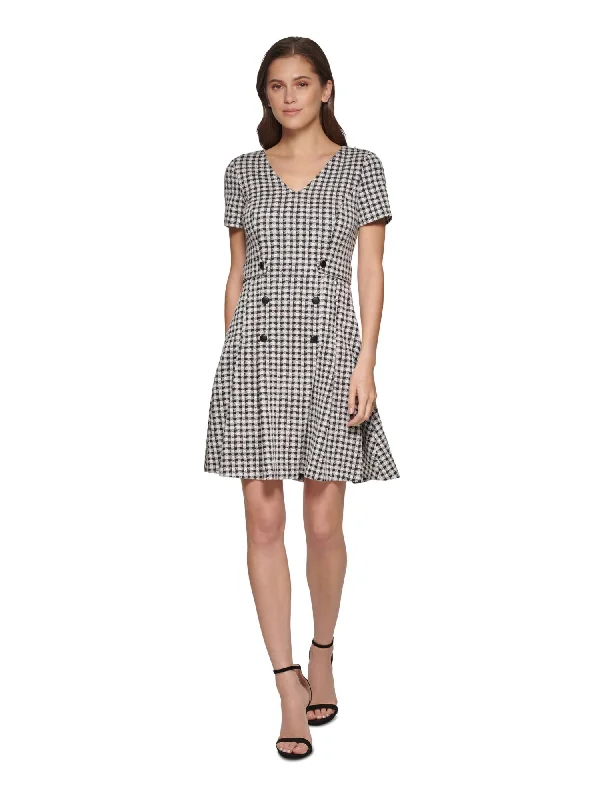 Mega Sale DKNY Womens Black Pleated Zippered Faux-button Front Gingham Short Sleeve V Neck Above The Knee Wear To Work Fit + Flare Dress Mega Sale DKNY Womens Black Pleated Zippered Faux-button Front Gingham Short Sleeve V Neck Above The Knee Wear To Work Fit + Flare Dress