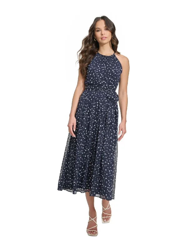 Markdowns DKNY Womens Navy Zippered Lined Belted Pleated Printed Sleeveless Halter Below The Knee Party Fit + Flare Dress Markdowns DKNY Womens Navy Zippered Lined Belted Pleated Printed Sleeveless Halter Below The Knee Party Fit + Flare Dress