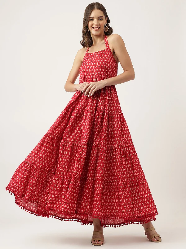 Stock Clearance Floral Printed Cotton Ethnic Tired Dress