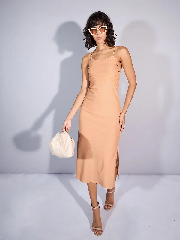 Now or Never Women Beige Mesh Strappy Midi Dress