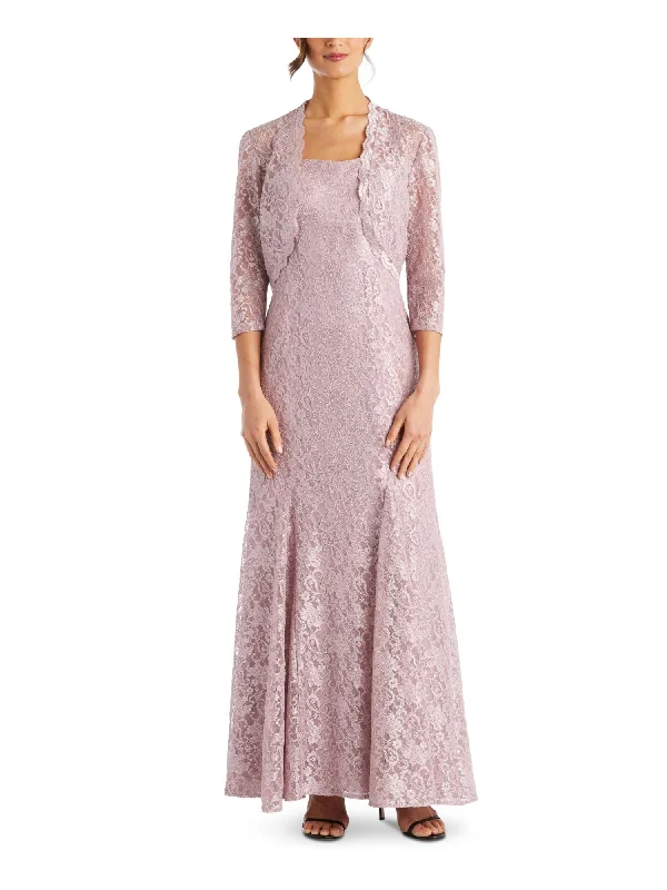 Year-End Sale R&M RICHARDS PETITE Womens Pink Stretch Lace Glitter With Open Front Shrug Floral Sleeveless Square Neck Full-Length Formal Gown Dress Year-End Sale R&M RICHARDS PETITE Womens Pink Stretch Lace Glitter With Open Front Shrug Floral Sleeveless Square Neck Full-Length Formal Gown Dress