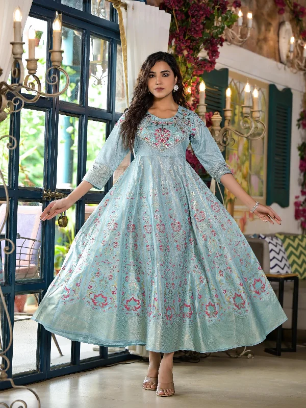 Great Deals Sea Green Ethnic Motif Printed Santoon Dress With Sequins & Thread Work