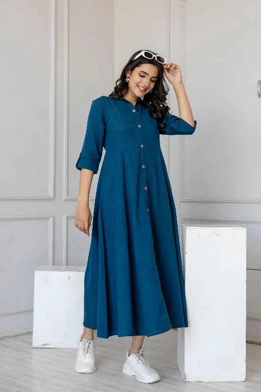 Price Reduction Women Teal Solid Flared Dress With Three quarter Sleeves