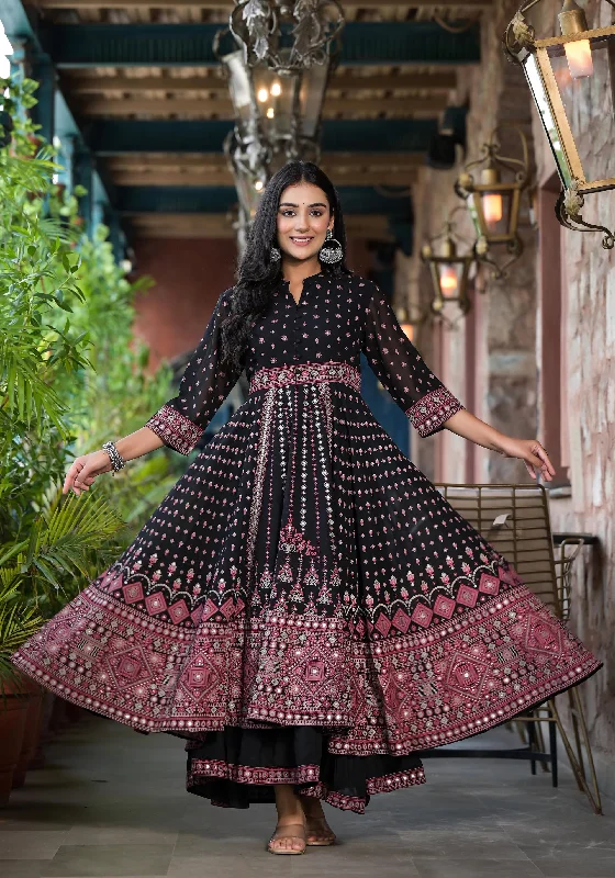 Sneak Peek Sale Black Ethnic Motif Printed Georgette A-line Dress With Mirror Work & Sequins Sneak Peek Sale Black Ethnic Motif Printed Georgette A-line Dress With Mirror Work & Sequins