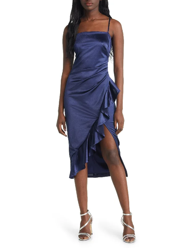 Bargain Prices EMERALD SUNDAE Womens Navy Pleated Ruffled Slitted Lined Spaghetti Strap Square Neck Midi Party Body Con Dress Bargain Prices EMERALD SUNDAE Womens Navy Pleated Ruffled Slitted Lined Spaghetti Strap Square Neck Midi Party Body Con Dress