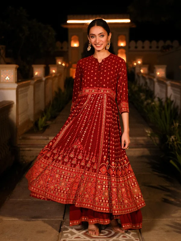 Weekend Special The Mahautsawam Maroon Ethnic Motif Printed Georgette Dress With Thread & Mirror Work Weekend Special The Mahautsawam Maroon Ethnic Motif Printed Georgette Dress With Thread & Mirror Work