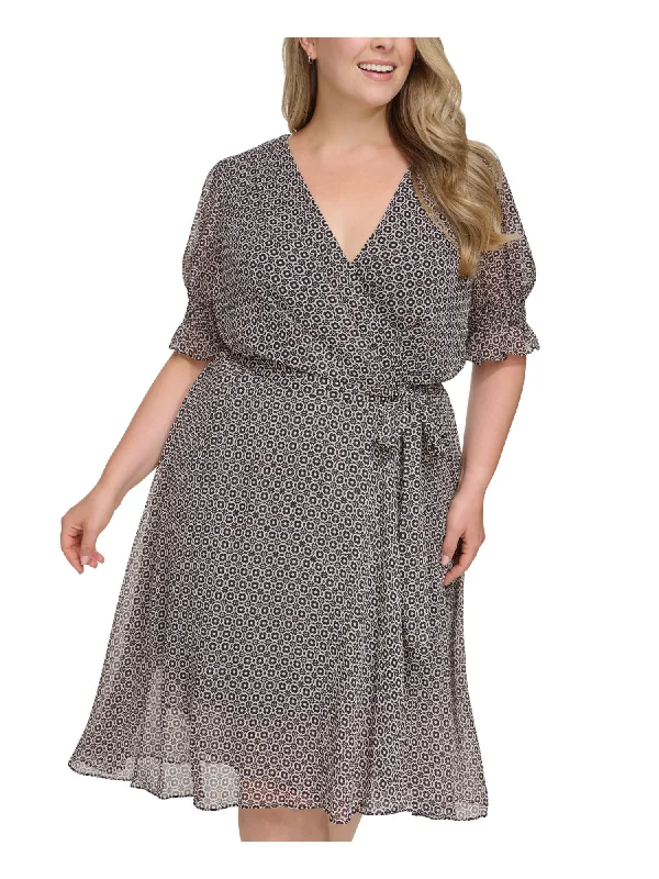 Special Savings TOMMY HILFIGER Womens Black Zippered Lined Smocked Ruffled Cuffs Tie-belt Printed Elbow Sleeve Surplice Neckline Midi Wear To Work Faux Wrap Dress Special Savings TOMMY HILFIGER Womens Black Zippered Lined Smocked Ruffled Cuffs Tie-belt Printed Elbow Sleeve Surplice Neckline Midi Wear To Work Faux Wrap Dress