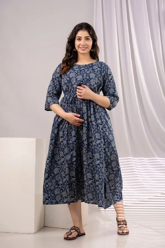 Mega Sale Navy Blue Printed Maternity Dress For Women
