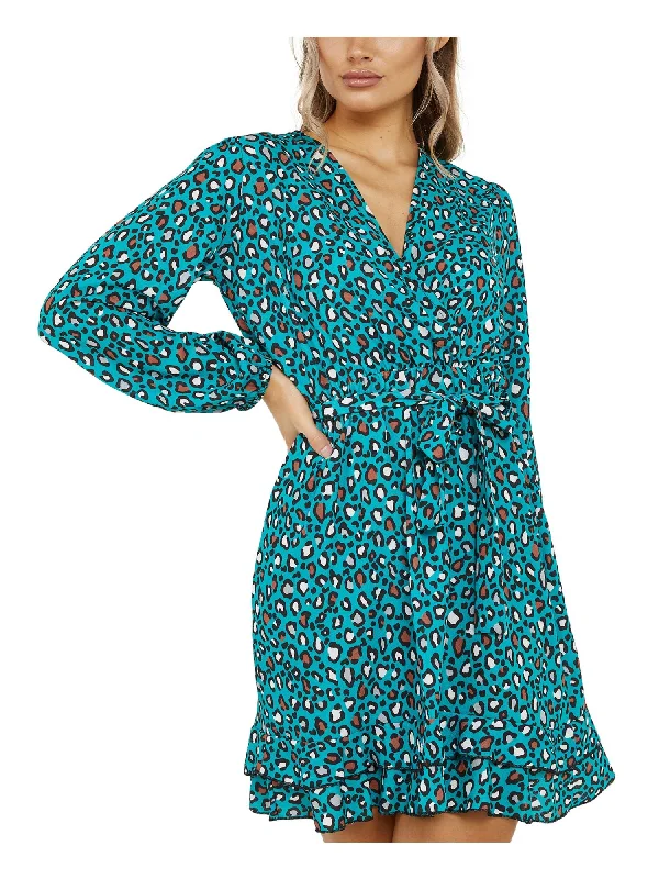 The Best Prices QUIZ Womens Green Tie Ruffled Printed Long Sleeve Surplice Neckline Short Party Fit + Flare Dress The Best Prices QUIZ Womens Green Tie Ruffled Printed Long Sleeve Surplice Neckline Short Party Fit + Flare Dress