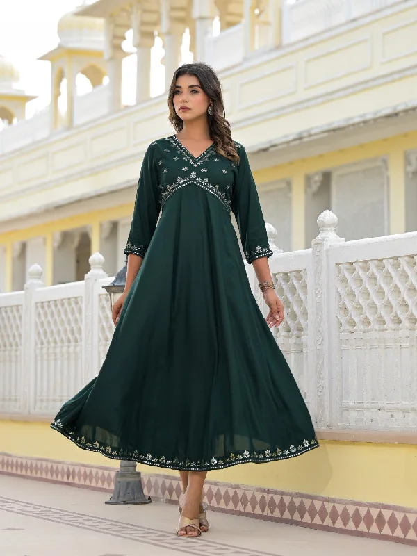 Exclusive Savings Bottle Green Mirror Embroidered Liva Rayon Dress With Sequins