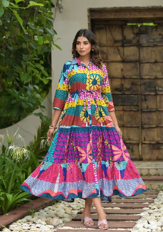 Don't Wait Multi Geometric Printed Cambric Dress With Buttons & Doris On Waist
