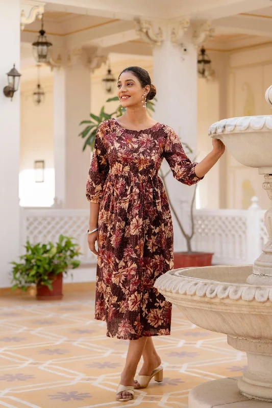 While Supplies Last Wome Burgundy Printed Flared Dress