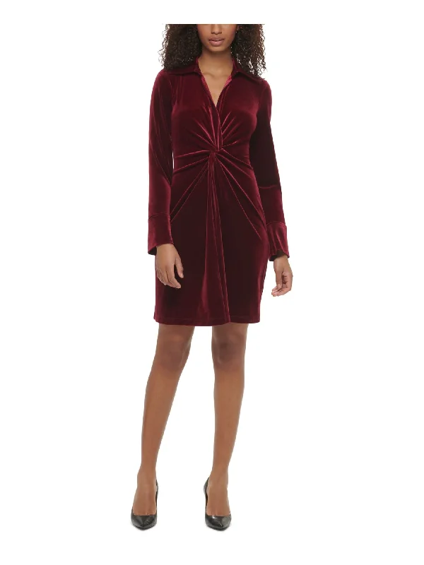 Hot Deal CALVIN KLEIN Womens Burgundy Cuffed Sleeve Collared Above The Knee Cocktail Sheath Dress Hot Deal CALVIN KLEIN Womens Burgundy Cuffed Sleeve Collared Above The Knee Cocktail Sheath Dress