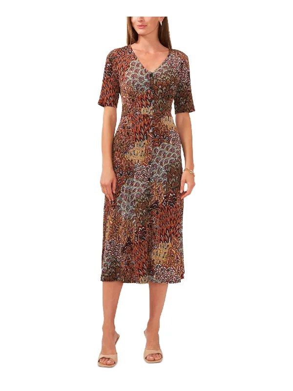 Hot Deal MSK Womens Brown Printed Short Sleeve V Neck Midi Wear To Work Sheath Dress Hot Deal MSK Womens Brown Printed Short Sleeve V Neck Midi Wear To Work Sheath Dress