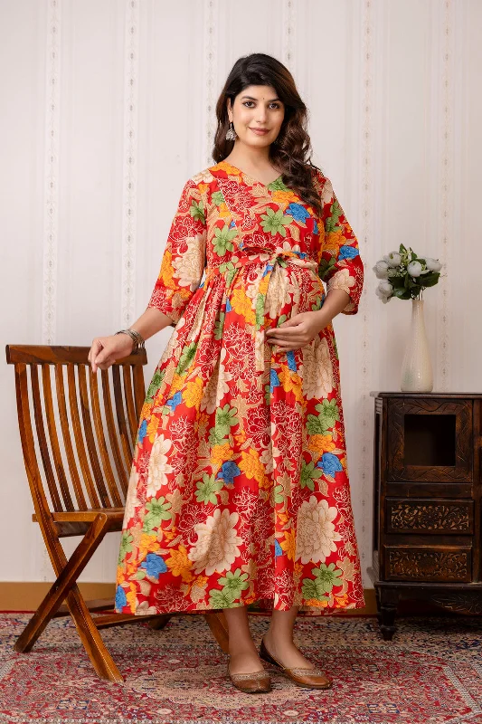 Price Meltdown Red Printed Maternity Dress For Women