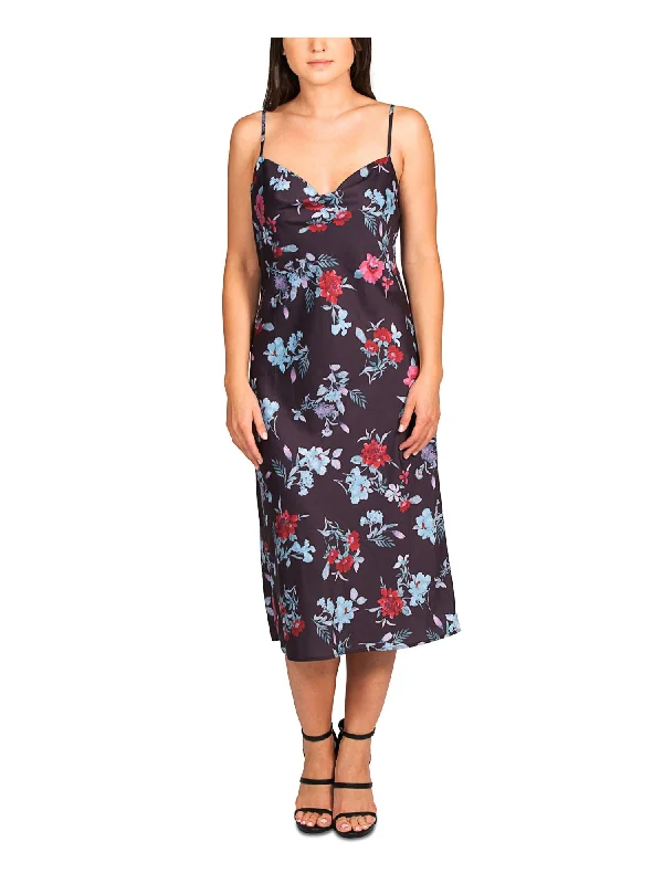 Closeout HIPPIE ROSE Womens Purple Stretch Floral Spaghetti Strap Cowl Neck Below The Knee Sheath Dress Closeout HIPPIE ROSE Womens Purple Stretch Floral Spaghetti Strap Cowl Neck Below The Knee Sheath Dress