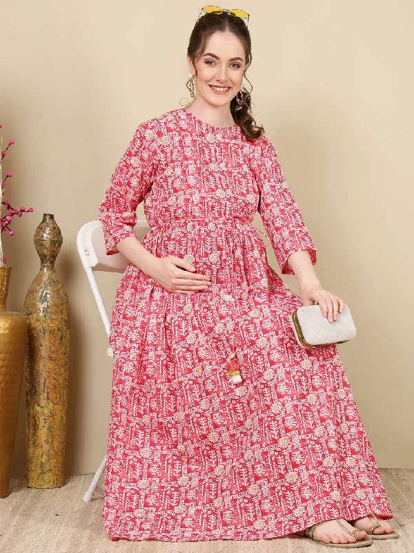 Daily Deals Women Pink Printed Flared Maternity Dress