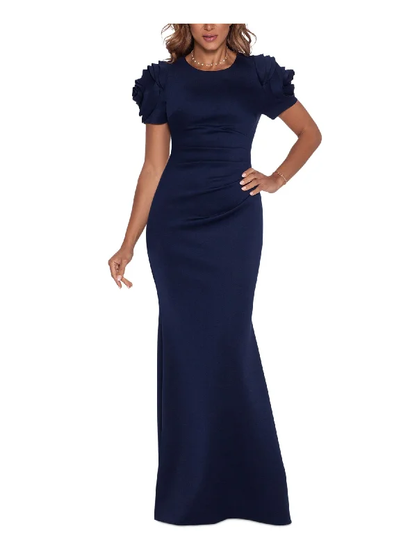 Special Buy XSCAPE Womens Navy Zippered Ruched Lined Pleated Floral Detail Pouf Sleeve Round Neck Full-Length Formal Gown Dress Special Buy XSCAPE Womens Navy Zippered Ruched Lined Pleated Floral Detail Pouf Sleeve Round Neck Full-Length Formal Gown Dress