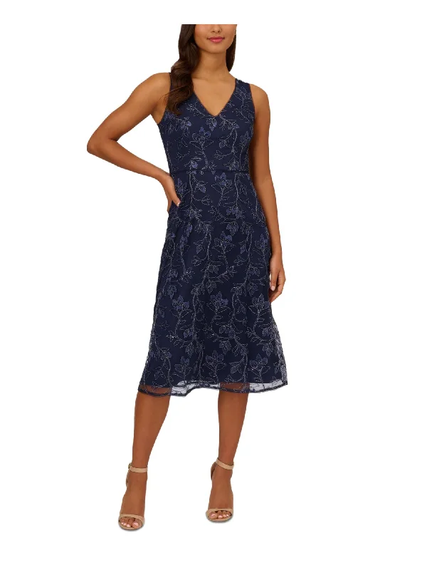 Extra Savings PAPELL STUDIO Womens Navy Zippered Sequined Embroidered Lined Metallic Floral Sleeveless V Neck Below The Knee Evening Fit + Flare Dress Extra Savings PAPELL STUDIO Womens Navy Zippered Sequined Embroidered Lined Metallic Floral Sleeveless V Neck Below The Knee Evening Fit + Flare Dress