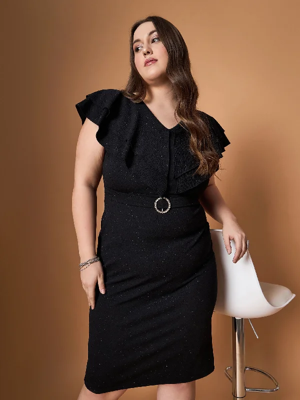 Special Savings Women Black Glitter Front Ruffle Detail Midi Dress