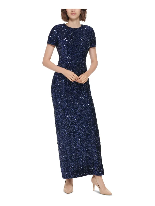 Year-End Sale CALVIN KLEIN Womens Navy Zippered Lined Back Slit Short Sleeve Crew Neck Full-Length Evening Gown Dress Year-End Sale CALVIN KLEIN Womens Navy Zippered Lined Back Slit Short Sleeve Crew Neck Full-Length Evening Gown Dress