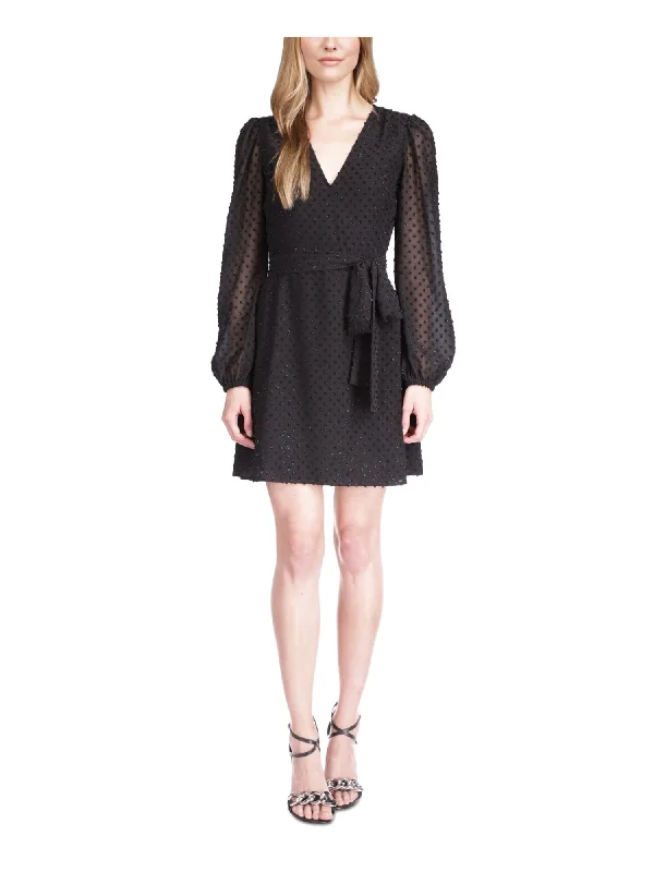 Price Slash MICHAEL MICHAEL KORS Womens Black Lined Tie Long Sleeve Surplice Neckline Short Party Wrap Dress Price Slash MICHAEL MICHAEL KORS Womens Black Lined Tie Long Sleeve Surplice Neckline Short Party Wrap Dress