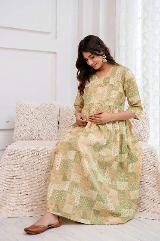 Closeout Fab  Green Printed Maternity Dress For Women