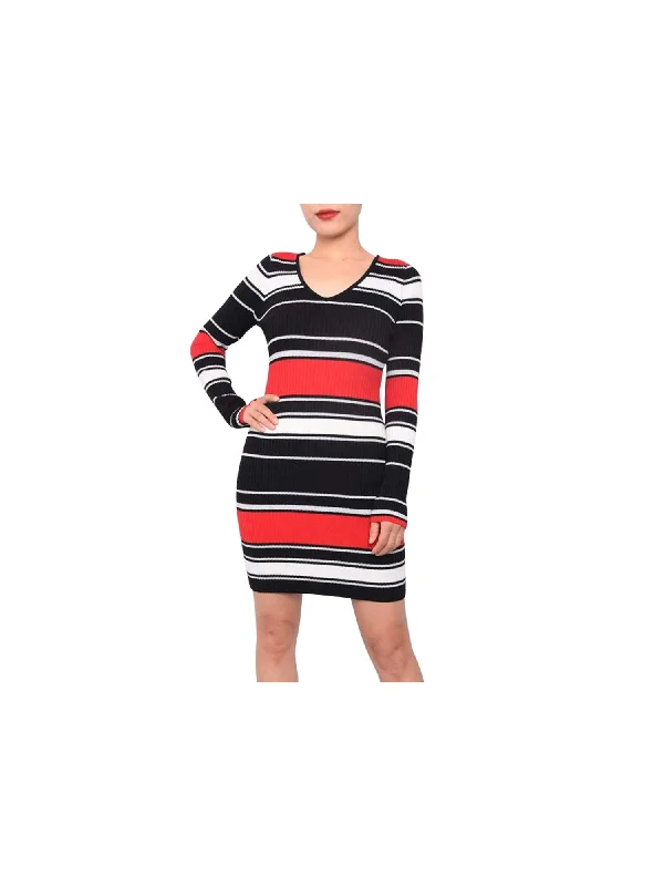 Closeout PLANET GOLD Womens Black Lace Striped V Neck Short Body Con Dress