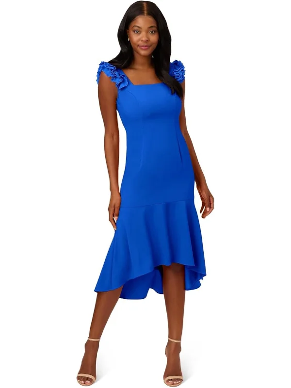 Anniversary Sale ADRIANNA PAPELL Womens Blue Ruffled Zippered Flounce Hem Lined Sleeveless Square Neck Midi Cocktail Hi-Lo Dress Anniversary Sale ADRIANNA PAPELL Womens Blue Ruffled Zippered Flounce Hem Lined Sleeveless Square Neck Midi Cocktail Hi-Lo Dress