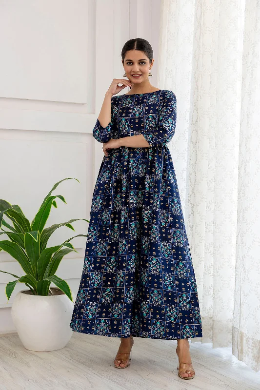 Bonus Savings Women Navy Blue Ethnic Printed Flared Dress