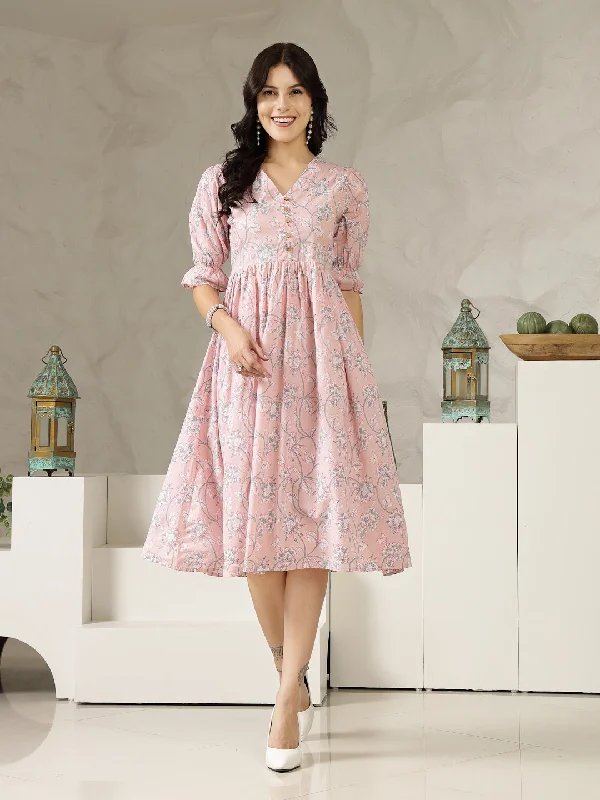 Take Advantage Pastel Pink Ethnic Printed Cotton Flared Dress