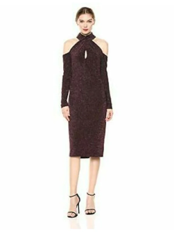 Extra Savings RACHEL ROY Womens Red Cold Shoulder Glitter Crisscross-halter Keyhole Long Sleeve Halter Midi Evening Sheath Dress Extra Savings RACHEL ROY Womens Red Cold Shoulder Glitter Crisscross-halter Keyhole Long Sleeve Halter Midi Evening Sheath Dress