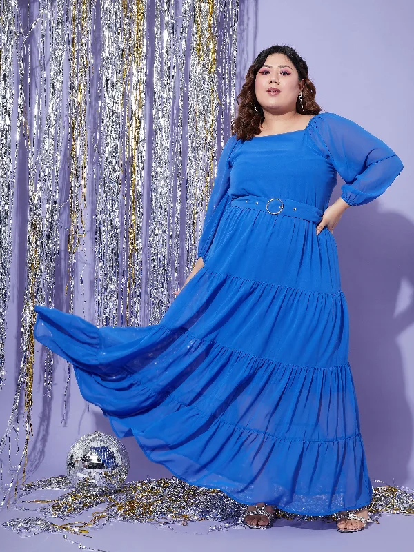 Savings Spectacular Women Blue Off Shoulder Tiered Maxi Dress