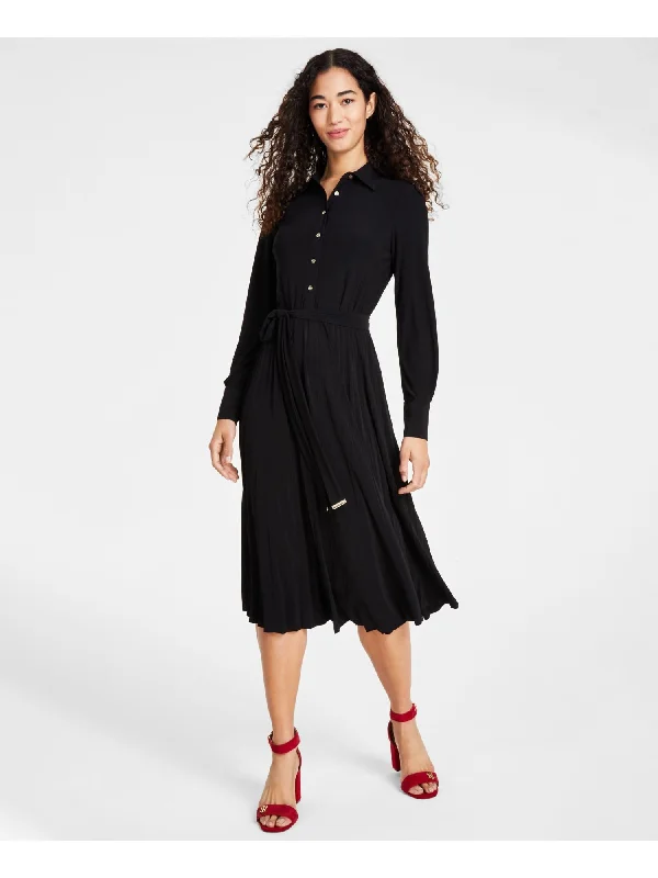 Time-Limited Offer TOMMY HILFIGER Womens Black Pleated Unlined Button Top Tie-belt Cuffed Sleeve Collared Midi Wear To Work Shirt Dress Time-Limited Offer TOMMY HILFIGER Womens Black Pleated Unlined Button Top Tie-belt Cuffed Sleeve Collared Midi Wear To Work Shirt Dress