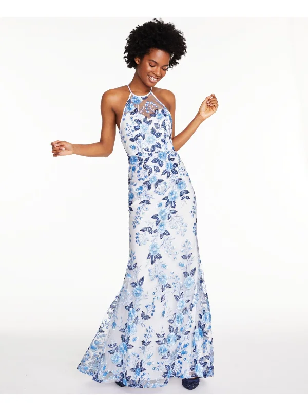 Super Savings SEQUIN HEARTS Womens Light Blue Sheer Floral Sleeveless Halter Full-Length Formal Fit + Flare Dress Super Savings SEQUIN HEARTS Womens Light Blue Sheer Floral Sleeveless Halter Full-Length Formal Fit + Flare Dress