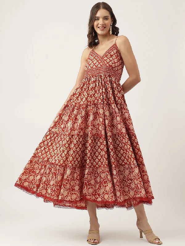 Epic Deals Maroon Floral printed Cotton Tiered Dress