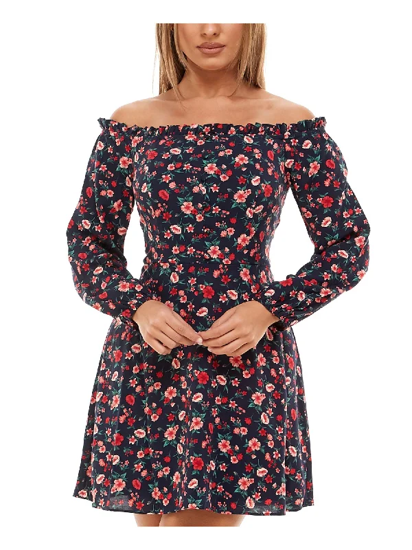 Seasonal Sale B DARLIN Womens Navy Zippered Floral Long Sleeve Off Shoulder Short Evening Fit + Flare Dress Seasonal Sale B DARLIN Womens Navy Zippered Floral Long Sleeve Off Shoulder Short Evening Fit + Flare Dress
