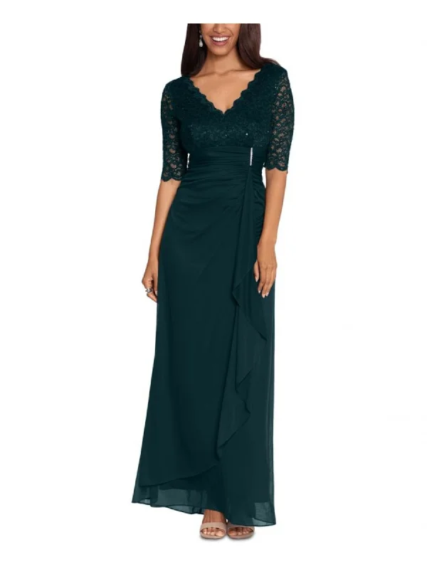Best Deals B&A BY BETSY & ADAM Womens Green Zippered Scalloped Ruched Waterfall Ruffle V-back Elbow Sleeve V Neck Full-Length Formal Gown Dress Best Deals B&A BY BETSY & ADAM Womens Green Zippered Scalloped Ruched Waterfall Ruffle V-back Elbow Sleeve V Neck Full-Length Formal Gown Dress