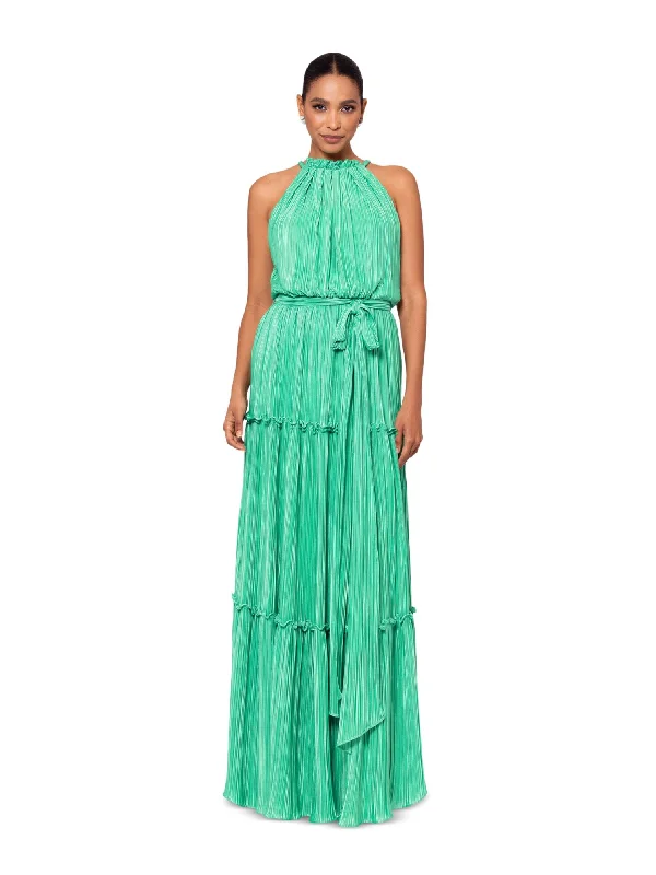 Great Deals BETSY & ADAM Womens Green Pleated Belted Ruffled Zippered Lined Sleeveless Halter Full-Length Cocktail Gown Dress