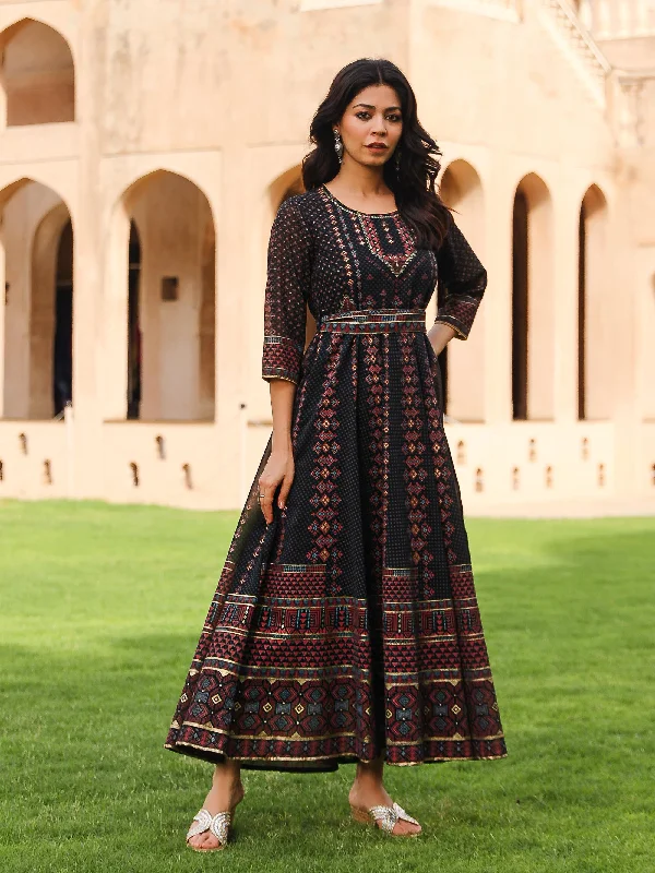 Price Drop The Mahautsavam Black Ethnic Motif Printed Georgette Dress With Sequins & Beads