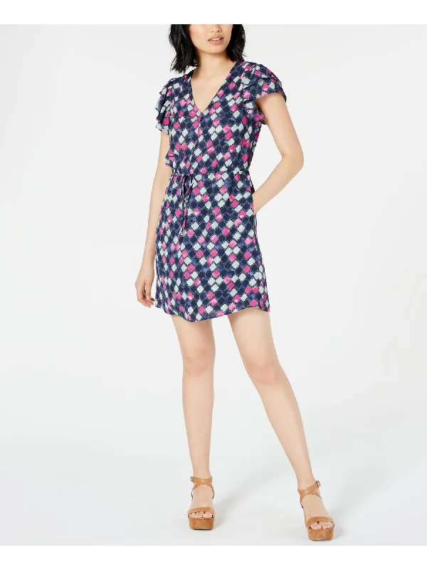 Limited Time Discount MAISON JULES Womens Navy Printed Short Sleeve V Neck Mini Sheath Dress