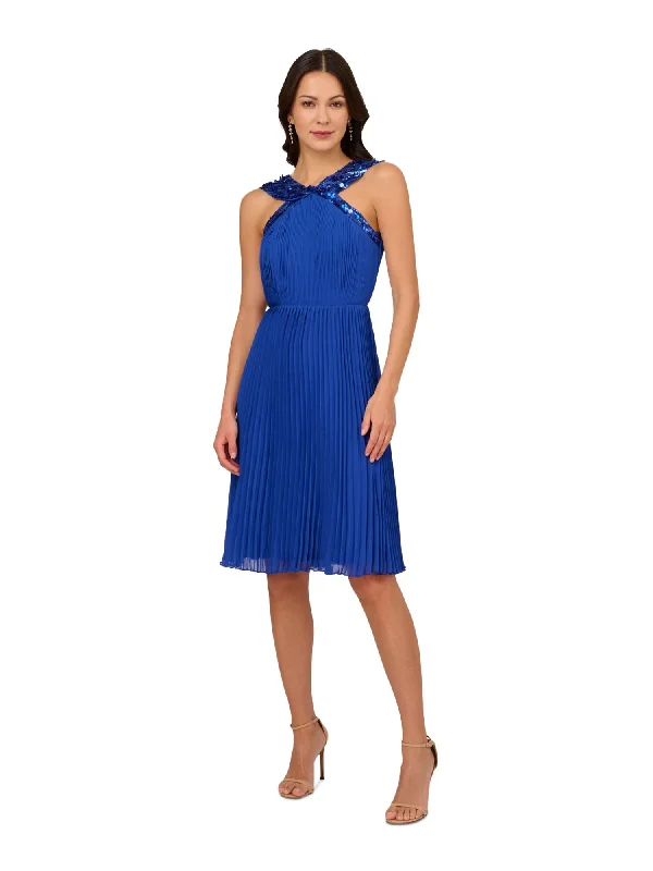 Reduced Prices ADRIANNA PAPELL Womens Blue Pleated Zippered Lined Sleeveless Halter Above The Knee Party Fit + Flare Dress Reduced Prices ADRIANNA PAPELL Womens Blue Pleated Zippered Lined Sleeveless Halter Above The Knee Party Fit + Flare Dress