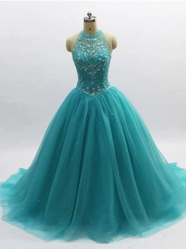 Great Bargains Ball Gown Turquoise Halter Beaded A-line Long Evening Prom Dresses, Cheap Sweet 16 Dresses, 18356