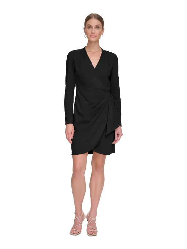 Final Markdown DKNY Womens Black Zippered Pleated Draped Skirt Long Sleeve Surplice Neckline Above The Knee Cocktail Faux Wrap Dress Final Markdown DKNY Womens Black Zippered Pleated Draped Skirt Long Sleeve Surplice Neckline Above The Knee Cocktail Faux Wrap Dress