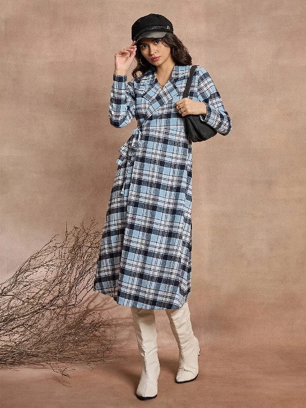 Limited Time Discount Women Blue Check Wrap Tie-Up Midi Dress