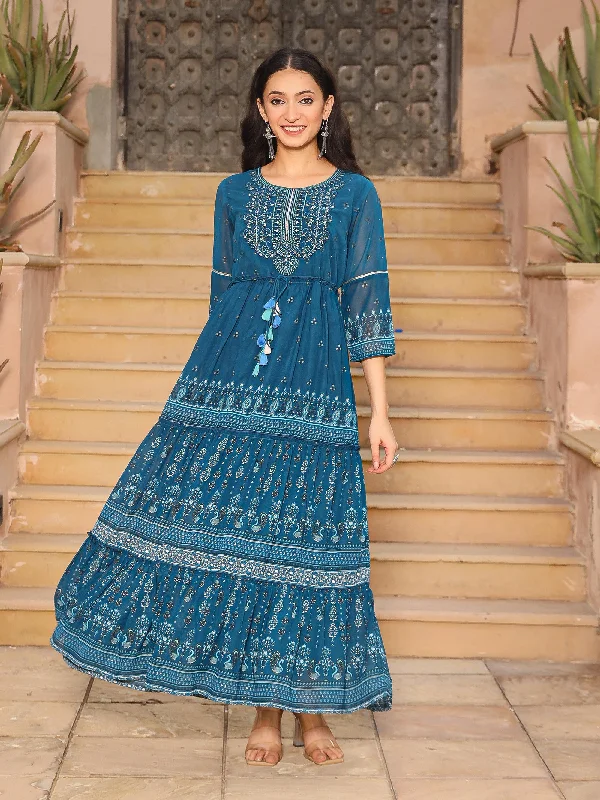 Buy More, Save More The Dholitaro Blue Ethnic Motif Printed Georgette Tiered Dress With Sequins & Doris At Waist Buy More, Save More The Dholitaro Blue Ethnic Motif Printed Georgette Tiered Dress With Sequins & Doris At Waist