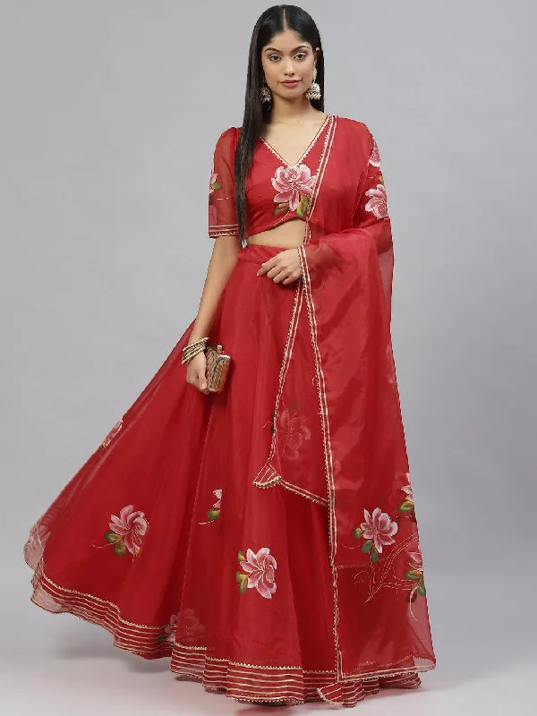 Daily Deals Red Hand Painted Organza Flared Lehenga Choli Set with Organza Dupatta