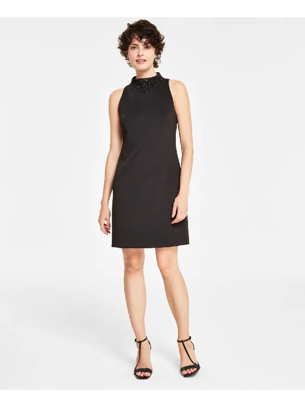Extra Savings CALVIN KLEIN Womens Black Embellished Zippered Unlined Sleeveless Mock Neck Above The Knee Party Sheath Dress Extra Savings CALVIN KLEIN Womens Black Embellished Zippered Unlined Sleeveless Mock Neck Above The Knee Party Sheath Dress